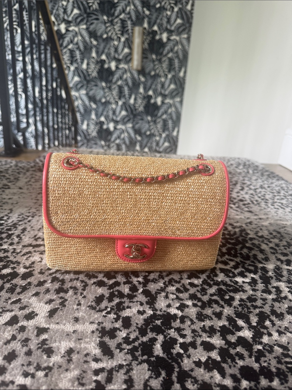 CHANEL raffia cruise bag with coral trimming